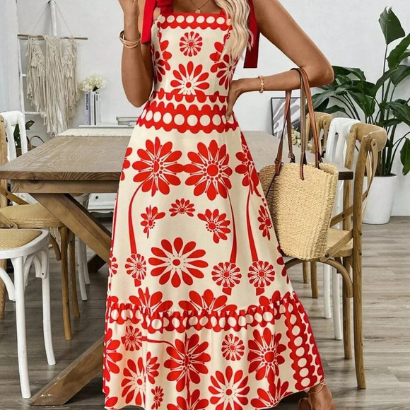 White Casual Women's Floral Print Shoulder Strap Cinched Waist Long Maxi Dress - Picture 6 of 6